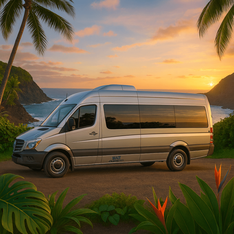 Silver van parked by a tropical beach at sunset, surrounded by palm trees.