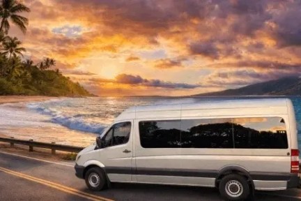 Van driving along a coastal road at sunset with palm trees and ocean.