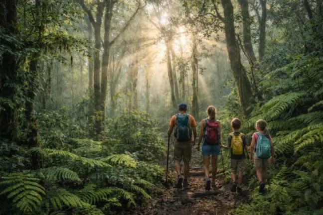 Family of four hiking through a lush, sunlit forest path.