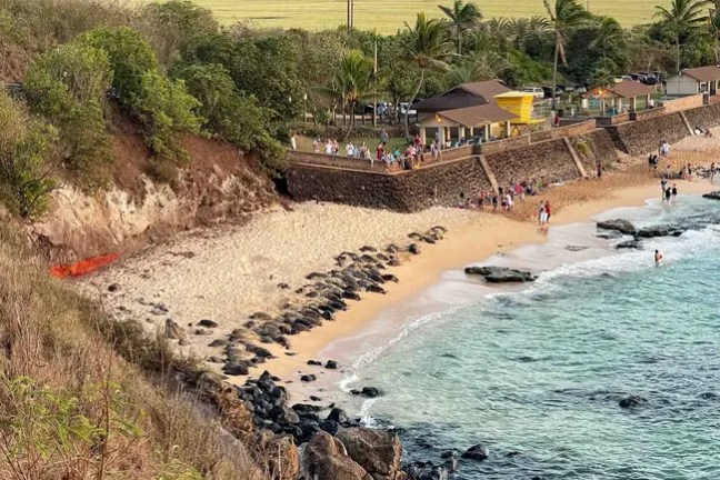 Small beach with rocks, grassy slope, and people near a building and trees.