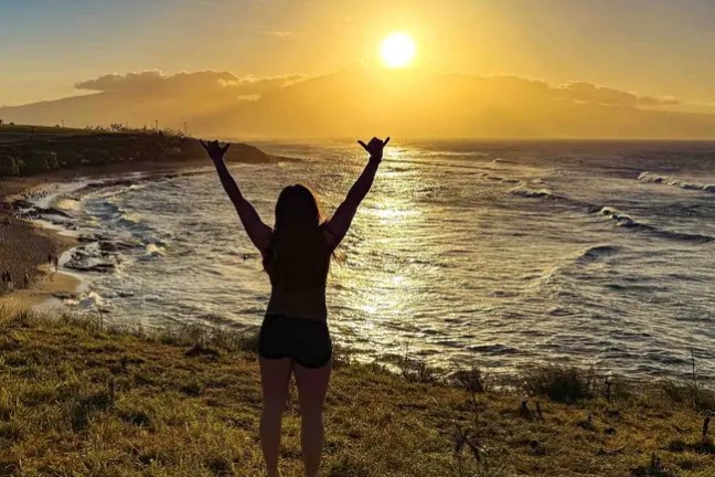 Silhouette of person with arms raised, facing ocean at sunset.