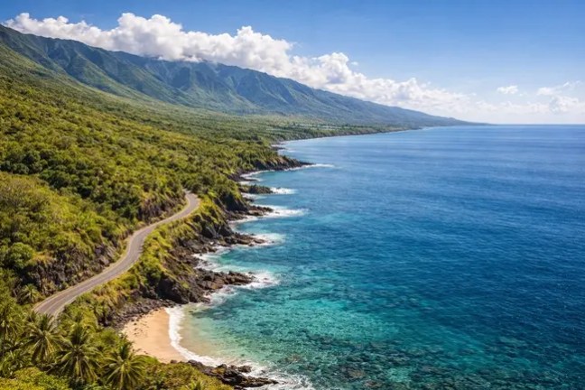 Coastal road beside lush green mountains and blue ocean under a clear sky.