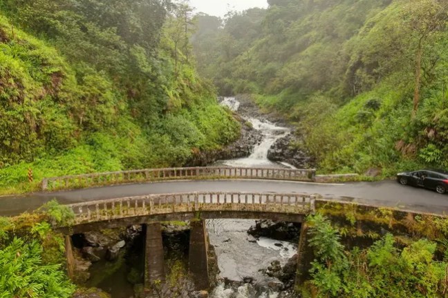 Stone bridge over a lush green forest stream with a parked car.