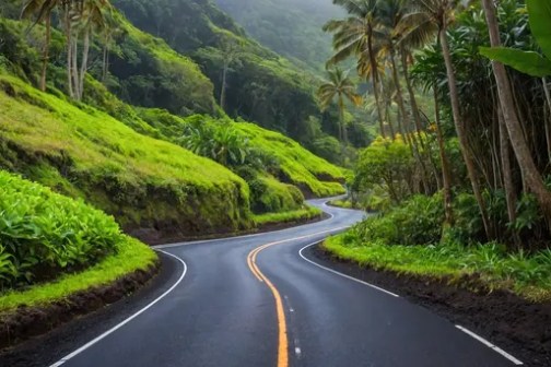 Winding road through lush green tropical landscape with palm trees.