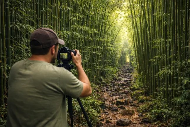 Person photographing a bamboo forest path with a camera on a tripod.